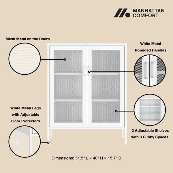 English Elm Amelia Metal Accent Cabinet 32" — Steel Mesh Doors, Adjustable Shelves, Minimalist Legs for Modern Storage Solutions White B365P397882