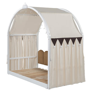 English Elm Twin Pinewood Ground-Level Canopy Bed with Arched Roof and Trundle for Kids—Whimsical, Sturdy Design White N820P181648K