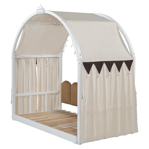 English Elm Twin Pinewood Ground-Level Canopy Bed with Arched Roof and Trundle for Kids—Whimsical, Sturdy Design White N820P181648K