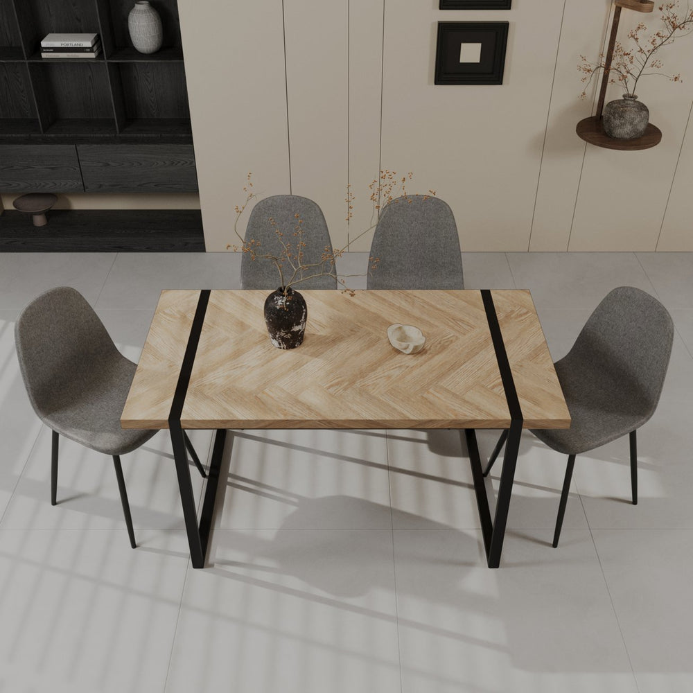 English Elm 59" Light Wood Mdf Dining Table Set With 4 Suede Chairs - Modern Farmhouse & Industrial Style W2189S00165