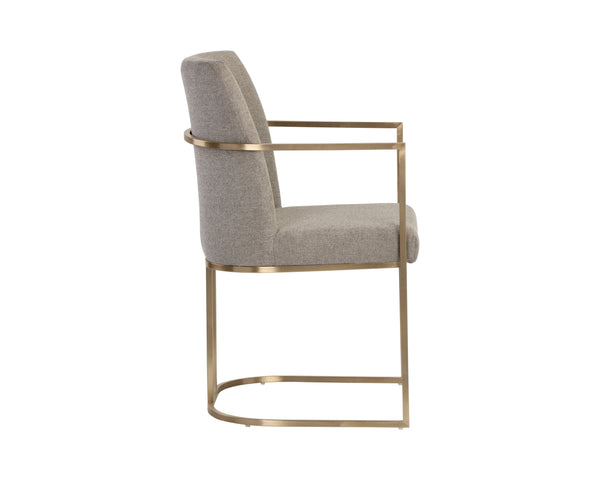 Sunpan Rayla Dining Armchair - Elegant Cantilever Design with Antique Brass Frame for Stylish Interiors Belfast Oyster Shell