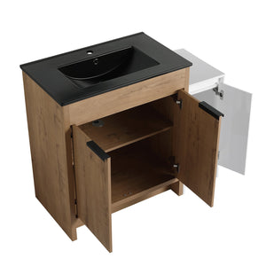 English Elm 42 Inch Freestanding Bathroom Vanity With Black Ceramic Sink, Soft-Close Doors, And Storage Solutions W999S00310