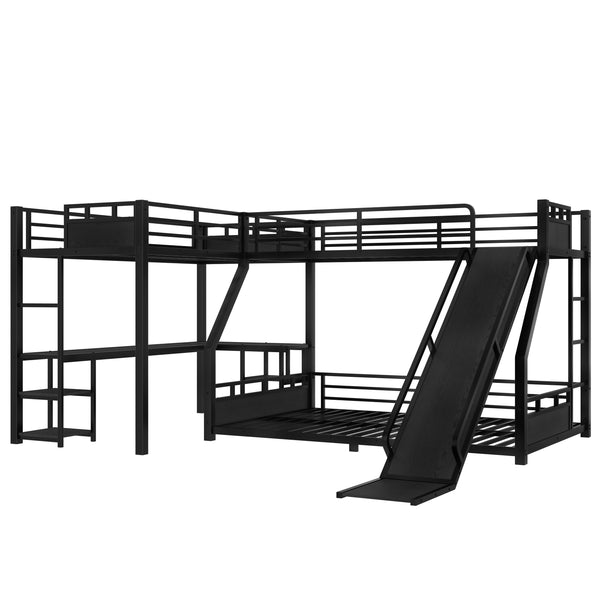 English Elm L-Shaped Metal Bunk Bed With Twin Xl Loft, Queen Bed, Desk, Shelves & Slide - Space-Saving Design! W1580S00279