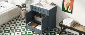 English Elm 30'' Bathroom Vanity with Sink - Retro Solid Wood Frame, Ceramic Basin, Soft-Close Doors & Ample Storage Blue N710P190656C
