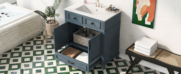 English Elm 30'' Bathroom Vanity with Sink - Retro Solid Wood Frame, Ceramic Basin, Soft-Close Doors & Ample Storage Blue N710P190656C