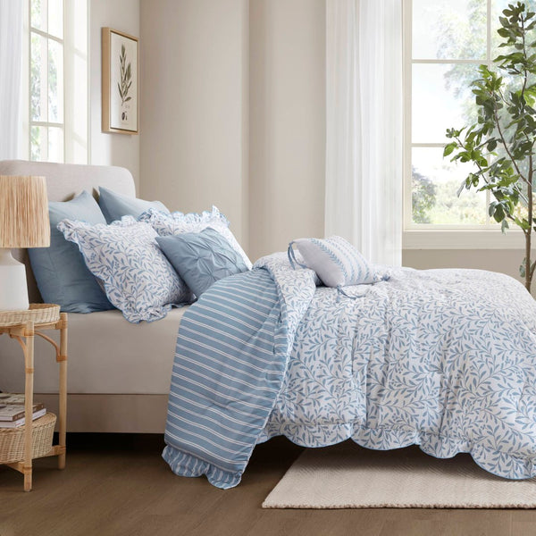 English Elm 5-piece Queen Microfiber Comforter Set Soft Printed Bedding with Decorative Pillows Blue B035P482938