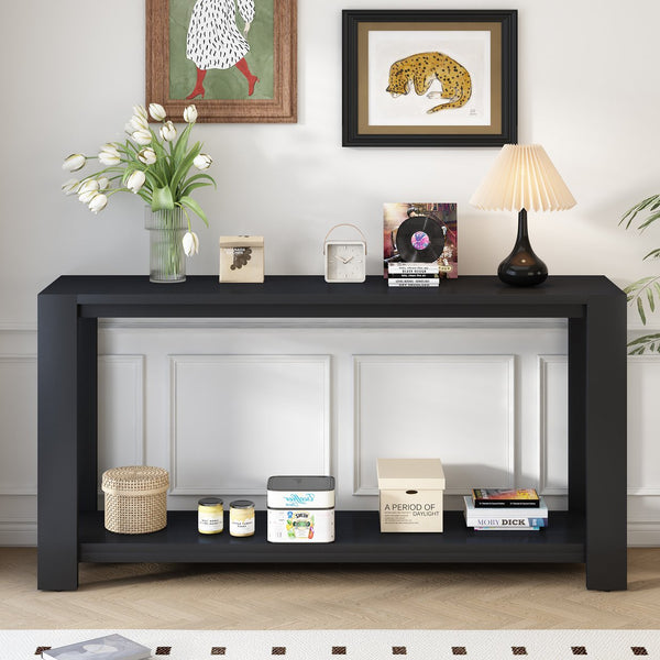 English Elm U_STYLE Minimalist Console Table with Bottom Shelf and Sturdy Four Legs, 63.8" Long Entryway Accent Black N711P173084B