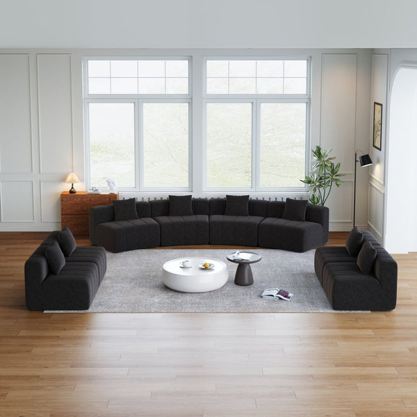 English Elm Four Curved Chenille Modular Sectional Sofa with Piano Key Seating and Eight Pillows Black W834S00588