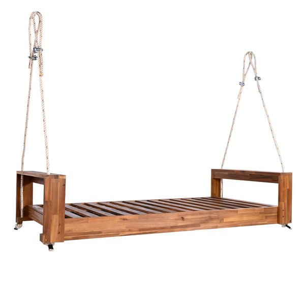English Elm TOPMAX Twin Size Porch Swing Bed Crafted from Durable Acacia Wood with 400lb Capacity and Hemp Ropes Natural N717P210135N