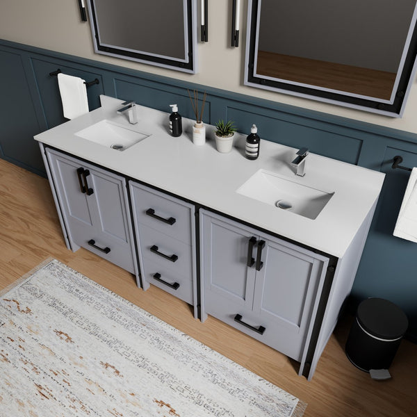 English Elm Dark Grey Double Bath Vanity 72" W X 22" D – Elegant White Quartz Top, Ample Storage & Soft-Close Features B2731P260635
