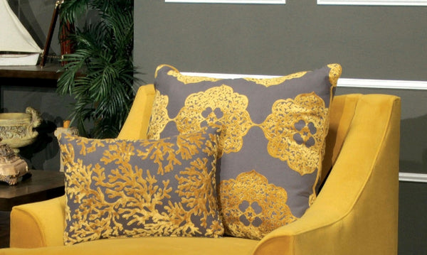 English Elm Traditional Low-Arm Chair with T-Cushion Seating, Nailhead Trim, Gold & Gray Finish with Pillows - 39"L x 37"W x 38"H B2741P375922