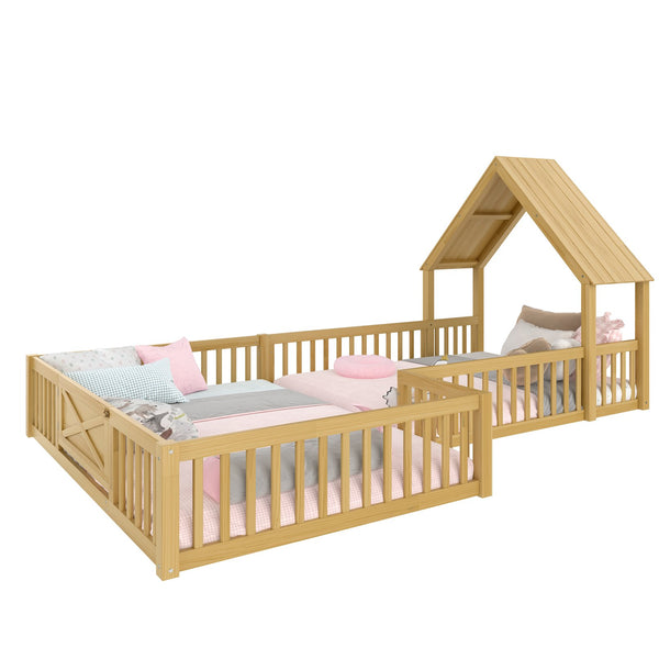 English Elm Full Full Size House Floor Bed with Door & Guardrails, Solid Wood Playful Design for Kids, Safe and Durable Natural W1580P327131