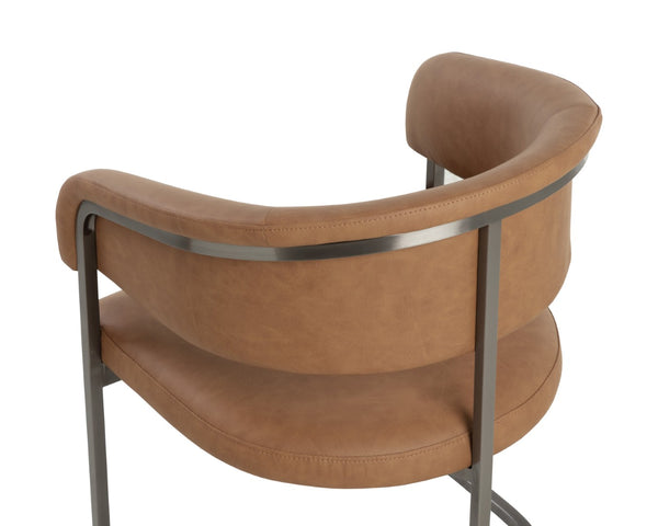 Sunpan MARRIS Dining Armchair - Stylish Gunmetal Frame with Milliken Cognac Faux Leather for Modern Spaces 112391