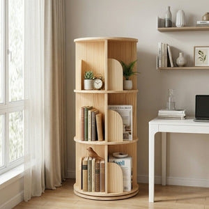 English Elm 3 Tier Spinning Round Bookcase Natural Wood Floor Shelf for Bedroom or Study W2989P460321