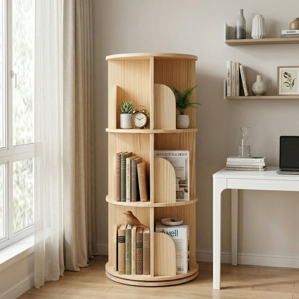 English Elm 3 Tier Spinning Round Bookcase Natural Wood Floor Shelf for Bedroom or Study W2989P460321