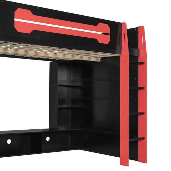 English Elm Full Size Wood Loft Bed with Rgb Lighting Desk Storage and Gaming Console Shelf Red LT000260AAR