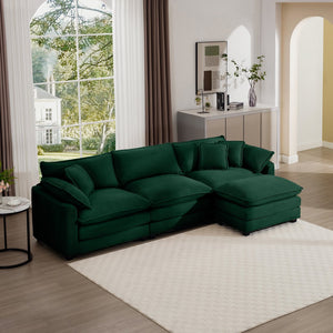 English Elm Corduroy L-Shaped 3-Seater Sofa With Ottoman – Stylish Green Comfort For Small Living Rooms W714S00817