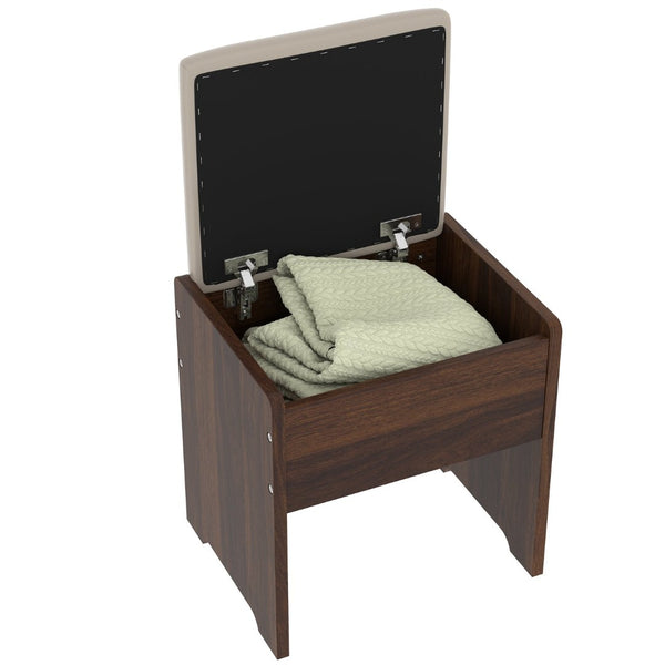 English Elm 43.5" Fluted Makeup Vanity with Led Mirror Glass Top Gold Hardware and Storage Stool Brown N704G202305P