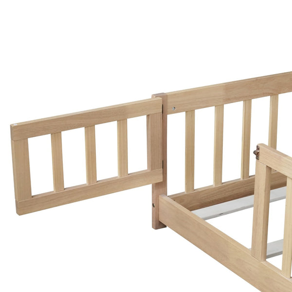 English Elm Queen Rubber Wood Floor Bed with Full Perimeter Safety Fence and Hinged Access Door Natural W504P429341