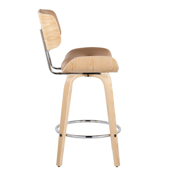 English Elm Lombardi Mid-Century Counter Stool 26" Set of 2 — Tufted Faux Leather Seats, Swivel, Wood Backrest Camel B202S00344