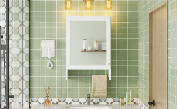 English Elm 3-in-1 Wall Medicine Cabinet with Soft Close Mirror Door Towel Bar and Adjustable Shelf N710P388096K