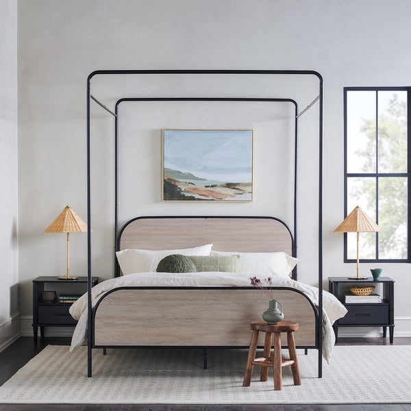 English Elm Walker Edison - Modern Metal and Wood Canopy Queen Bedframe Smoked Oak — Powder-Coated Steel, Wood Headboard, No Box Spring Needed B185P169243