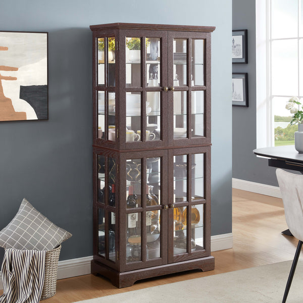 English Elm Curio Clear Glass Display Cabinet with Lattice Doors, Adjustable Shelves, E26 Bulb Included, Vintage Chic Cherry W2275P231688