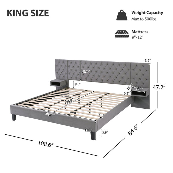 English Elm Christopher Knight Home® - King Velvet Platform Bed with Wingback Tufted Headboard and Built-In Nightstands for Luxury Grey N757P210231G