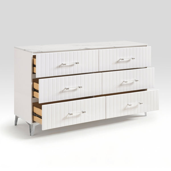 English Elm Glam White Six Drawer Dresser Faux Marble Top Chrome Legs Bedroom Storage B011P443206