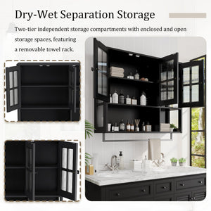 English Elm Bathroom Wall Cabinet with 3 Doors and Glass Panel, MDF Storage Cabinet with Towel Bar, Modern 35.6"L x 10.2"W x 32.5"H Black W757P329724
