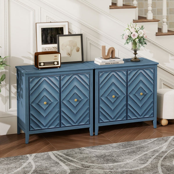English Elm Geometric Diamond Embossed Sideboard Cabinet Matte Vintage Mdf Entryway Storage Blue W688P364739
