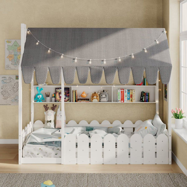 English Elm {slats Are Not Included} Twin Montessori House Floor Bed Kids Tent Lights Shelves Pinewood Frame White N708P407962K