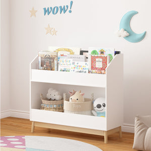 English Elm Toddler White Book Display Shelf with 3-Tier Face-Out Display and Large Bottom Bin, Modern MDF Organizer W808P350170