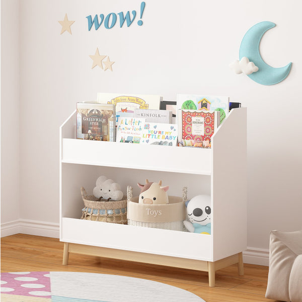 English Elm Toddler White Book Display Shelf with 3-Tier Face-Out Display and Large Bottom Bin, Modern MDF Organizer W808P350170