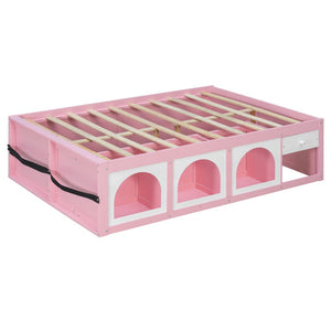 English Elm Full Size Kids Platform Bed with Led Lighting Bookshelf Display Cabinet and Storage Drawer Pink+White N820S00077H