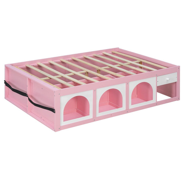 English Elm Full Size Kids Platform Bed with Led Lighting Bookshelf Display Cabinet and Storage Drawer Pink+White N820S00077H