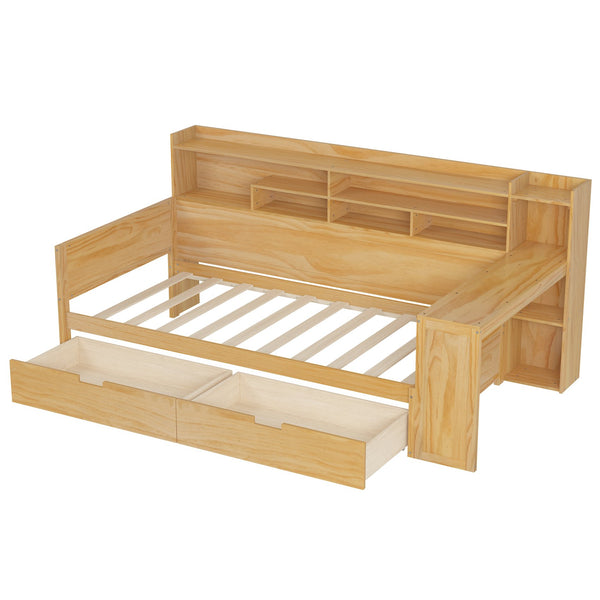 English Elm Wooden Twin Daybed with Built-In Desk, Side Shelves and Dual Drawers for Smart Space Saving Natural 54.9 L x 18.75 W x 5.6 H N733S241484M