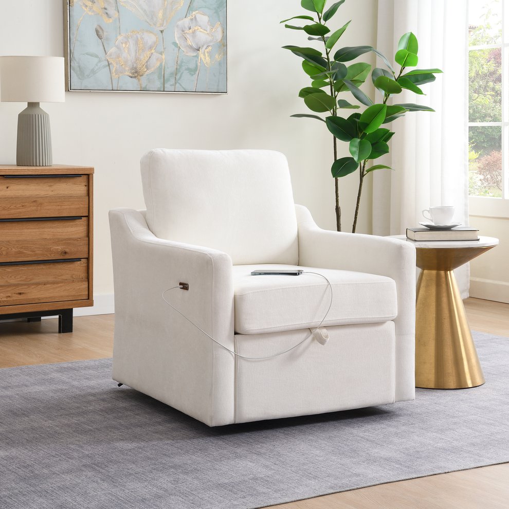 English Elm Swivel Plush Chenille Armchair with 360° Base, USB & Type-C Charging, Hidden Storage Pocket White W2671P296992