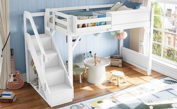 English Elm Twin Low Loft Bed Solid Pine Frame Kids Study Desk Blackboard Storage White Light White W1580S00466
