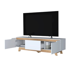 English Elm White White and Natural Oak Entertainment Center with Sleek Two-Shelf Layout, Drawer & Ample Storage Space B062P290268