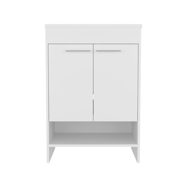 English Elm Lorenzo 60 cm White Floor Vanity with 4 Drawers & 2 Open Shelves — Compact Kronos Finish, Freestanding Storage B200P362050