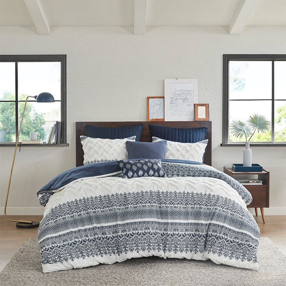 English Elm Full/Queen Mila 3 Piece Cotton Duvet Cover Set with Navy Botanical Print, Chenille Tufting & OEKO-TEX Comfort B035129137