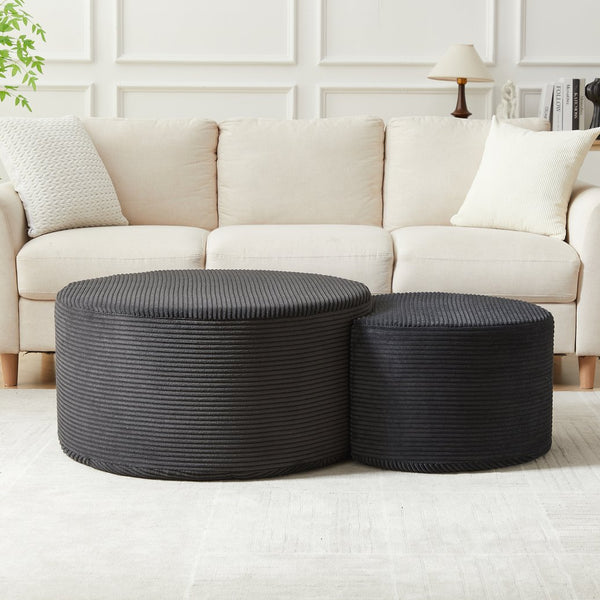 English Elm Nesting Foam Upholstered Round Coffee Tables Set of 2 — No Assembly, Multipurpose Ottoman Side Table Black W834P326380
