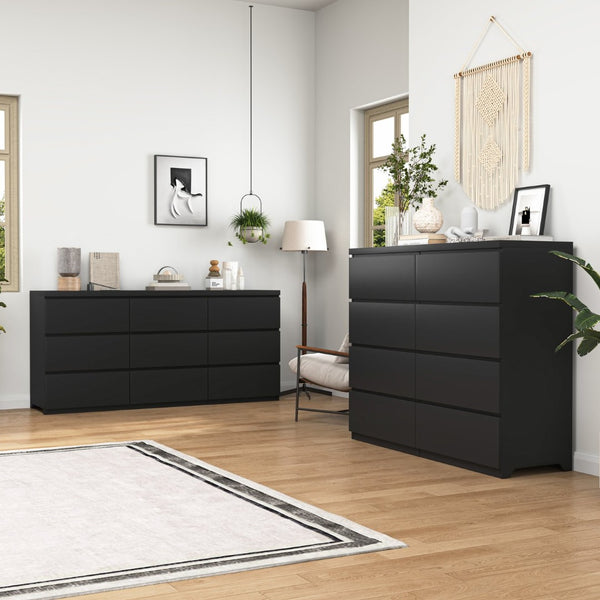 English Elm 9 Drawer Matte Black Dresser Push Open Handleless Design Wide Bedroom Storage Chest W409P334005