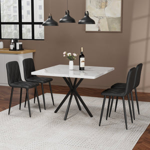 English Elm Square MDF Dining Set for 4 with Faux Marble Top, Mid-Century Modern Iron Legs, Easy-Clean Surface White+Black W578S00024