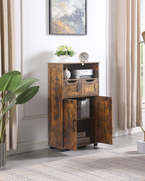 English Elm Tall Rustic Brown Storage Cabinet with 2 Large Drawers, Adjustable Shelf, Versatile Organizing for Home Offices, Kitchens, Bathrooms Durable Finish and Smooth-Glide Drawers W3151P345972