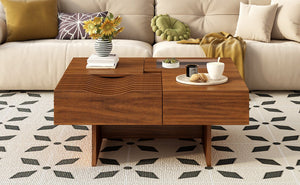 English Elm VIBE Mid Century Square Coffee Table with Tempered Glass Display, 3 Drawers, Solid Wood Craftsmanship Brown N724P270432D