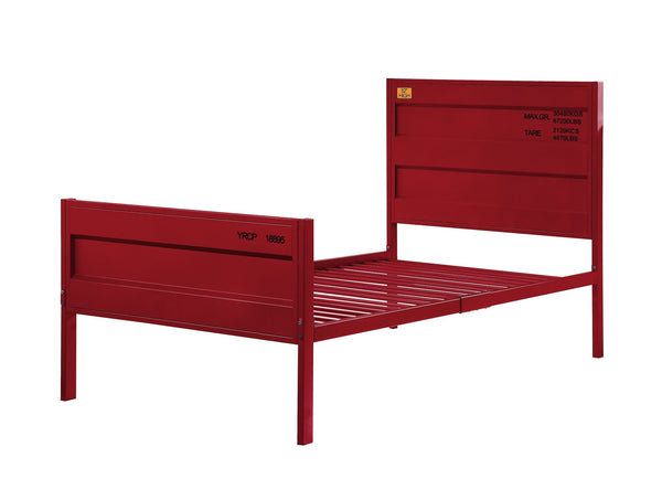 English Elm Cargo Red Metal Full Bed Frame with Cargo-Style Recessed Panels, 21 Slats, Low Profile Locking Design B2726P305865