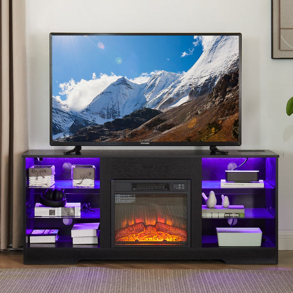 English Elm TV 58" Electric Fireplace TV Stand with LED 3D Flames, USB Charging, Ample Storage & Cable Management Black W1758P210371