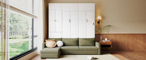 English Elm Queen Murphy Bed with L-shaped Velvet Sofa Storage Cabinets for Studio Living White LP000765AAG-1